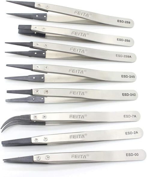 Precision Tweezer Set - FEITA Antistatic Replaceable Fiber Tip Stainless Steel ESD Tweezers for Electronics, Jewelry-Making, Laboratory, Hobby (8 ...